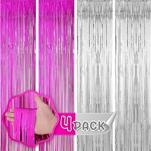flyloons pink and silver foil curtains for birthday decoration items backdrop pack of 4 baby shower anniversary marriage bachelorette party celebration theme