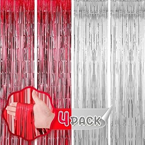 flyloons red and silver foil curtains for birthday decoration items backdrop pack of 4 baby shower anniversary marriage bachelorette party celebration theme