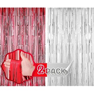 flyloons red and silver foil curtains for birthday decoration items backdrop pack of 2 baby shower anniversary marriage bachelorette party celebration theme