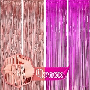 flyloons rose gold and pink foil curtains for birthday decoration items backdrop pack of 4 baby shower anniversary marriage bachelorette party celebration theme