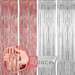 flyloons rose gold and silver foil curtains for birthday decoration items backdrop pack of 4 baby shower anniversary marriage bachelorette party celebration theme