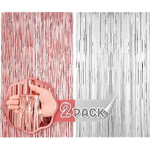 flyloons rose gold and silver foil curtains for birthday decoration items backdrop pack of 2 baby shower anniversary marriage bachelorette party celebration theme