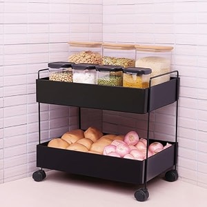 flymore organize your space with this versatile rolling utility cart vegetable kitchen rack metal fruit storage rack kitchen cabinet rack  black  layer 2  metal