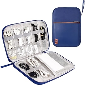 flyngo electronics organizer small travel cable organizer bag compact electronic accessories cord case for hard drives cables cords chargers navy blue polyester