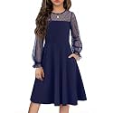Flypigs Girl's Dress Sheer Mesh Puff Long Sleeve Party Dresses with Pockets