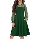 Flypigs Girl's Dress Sheer Mesh Puff Long Sleeve Party Dresses with Pockets