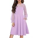 Flypigs Girl's Dress Sheer Mesh Puff Long Sleeve Party Dresses with Pockets