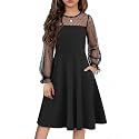 Flypigs Girl's Dress Sheer Mesh Puff Long Sleeve Party Dresses with Pockets