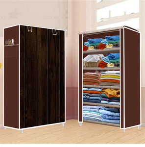 flyup 5 shelf foldable collapsible wardrobe storage organizer almirah cloth rack pvc collapsible wardrobe finish color - brown -15 diydo-it-yourself