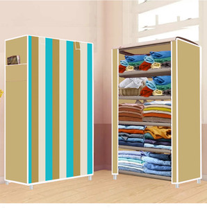 flyup 5 shelf foldable collapsible wardrobe storage organizer almirah cloth rack pvc collapsible wardrobe finish color - beige -17 diydo-it-yourself