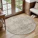 FMFUNCTEX 3ft Round Washable Taupe Distressed Vintage Area Rug for Entryway