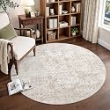 FMFUNCTEX 4ft Round Washable Beige Neutral Vintage Area Rug for Living Room