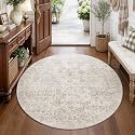 FMFUNCTEX 5ft Round Washable Beige Neutral Vintage Area Rug for Living Room