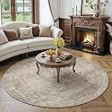 FMFUNCTEX 5ft Round Washable Taupe Vintage Large Area Rug for Living Room