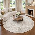 FMFUNCTEX 8ft Round Washable Beige Neutral Vintage Area Rug for Living Room