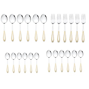 fns classic stainless steel 24 karat gold plated 24 pc cutlery set 6 dinner spoons 6 dinner forks 6 tea spoons 6 baby spoons