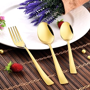 montavo by fns alexa 18 pieces stainless steel golden cutlery set  6 dinner spoons 6 dinner forks amp 6 tea spoons  premium pvd gold finish flatware set for home kitchen amp dining table