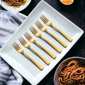 montavo by fns - stainless steel alexa gold style - dinner fork set pack of 6 units gold color  suitable for dining table meal serving kitchen cutlery setup elegant utility flatware piece