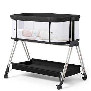 fodoss baby bassinet bedside sleeper with wheels and storage tray4-sided mesh bedside bassinet co sleeper for infantnewborn7 height adjustable easy folding bedside crib