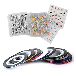 fok plastic set of 20 pc 3d design self adhesive tip nail art stickers and nail art stripping roll tape - random designs amp color