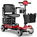 Foldable 4-Wheel Mobility Scooter for Adults – Portable Motorized Scooter with 330 lbs Capacity, Detachable Battery, Dual Baskets, Cup &amp; Phone Holder, Red