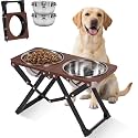 Foldable Elevated Dog Bowl Holder with 2 Large 58oz Stainless Steel Bowls, 10.2" Tall Raised Dog Bowl Stand for Medium/Large Breeds, Indoor and Outdoor Use. Brown