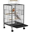 Foldable Metal Bird cage,Villa for Budgies, Zebra Finches,Java,Cocktail, Conures,Alexander Parrot, Green Parrot with Stand,Wheel,2cups and 2 Perch Sticks,2 Side Doors- White Color