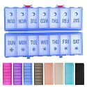Foldable Pill Organizer 2 Times a Day w/Etched Labels -Dual Protection &amp; Portable Weekly AM PM Pill Box, 7 Day Medicine Container, Large Travel Pill Case for Week Daily Supplement Vitamin -Clear Blue