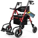 Foldable Rollator Walker for Seniors with Seat, Lightweight 2 in 1 Rolling Walkers Wheelchair Combo for Adult, Transport Chair with Brakes, Adjustable Seat and Handle, 300 Lb. Weight Capacity, Red