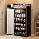 Foldable Shoe Rack No Assembly Required Bamboo Shoe Indoor/Outdoor Storage Shelf Independent Shoe Cabinet for Entryway Camping 2 Tier Black Color(Negro-7 Layers 27.5in)