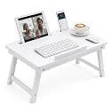 Foldable Wooden Laptop Table for Bed &amp; Sofa | Adjustable Laptop Desk with Tilt Top Cup Slot Drawer | Ergonomic Study Work Table for Home Office Reading Writing Use (White)