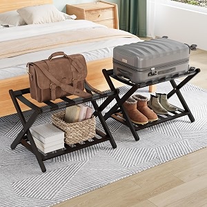 folding luggage rack for guest room foldable luggage racks for suitcase stand with nylon straps luggage stand double tiers bamboo luggage holder with shelf for bedroom hotel no assembly required 2-pack