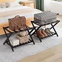Folding Luggage Rack for Guest Room Foldable luggage Racks for Suitcase Stand with Nylon Straps, Luggage Stand Double Tiers Bamboo Luggage Holder with Shelf for Bedroom, Hotel, No Assembly Required 2-pack
