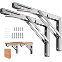 Folding Shelf Brackets 22 inch 2 Pcs Max. Load 440lb - Heavy Duty Stainless Steel DIY Wall Mounted Collapsible Shelf Bracket, Space Saving for Garage Workstation, Stuff Supports, Table, Workbench