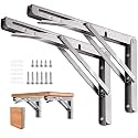 Folding Shelf Brackets Stainless Steel 16 inch 2 Pcs Max Load: 350 lb - Heavy Duty DIY Wall Mounted Collapsible Shelf Bracket, Space Saving for Garage Workstation, Stuff Supports, Table, Workbench