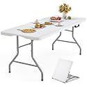 8ft Folding Table with Carrying Handle - Portable Plastic Fold-in-Half Table with Safety Locks, Lightweight &amp; Durable for Parties, Dining, Weddings, Events, Picnics,Indoor &amp; Outdoor Use (White, 8FT)
