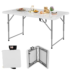 folding table 4 foot portable picnic table plastic folding table adjustable height heavy duty for indoor outdoor camping picnic and party fold in half with handle and steel legs white