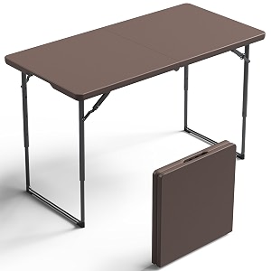 folding table 4ft foldable picnic table with carrying handle heavy duty fold-in-half portable table for weddings camping rv travel parties bbqs and indoor use easy to fold and storebrown