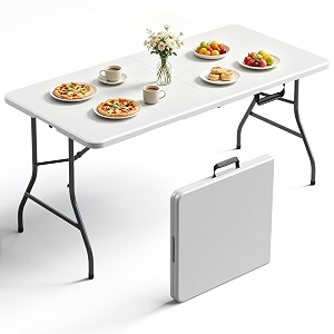 5ft folding table heavy duty fold-in-half plastic table with adjustable heightportable utility table with carry handle amp steel legs for indoor outdoor picnic campingpartydining white