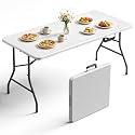 5FT Folding Table, Heavy Duty Fold-in-Half Plastic Table with Adjustable Height,Portable Utility Table with Carry Handle & Steel Legs for Indoor Outdoor Picnic, Camping,Party,Dining White