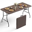 Folding Table 5FT Heavy Duty Plastic Table with Handle, Foldable&Portable, Fold-in-Half Utility Tables for Outdoor, Dining, Wedding, Events, Indoor, Picnic, Camping, Party, Brown