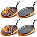 FoldTier 4 Sets Cast Iron Fajita Skillet 10.63"x6.89" with Wooden Base