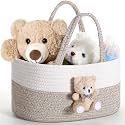 FoldTier Diaper Caddy Organizer Teddy Bear Basket for Nursery with Handle Baby Shower Storage Bin Portable Cotton Rope Gift Bag for Changing Table Cart Car Baby Wipes Newborn Essentials(Gray White)