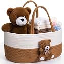 FoldTier Diaper Caddy Organizer Teddy Bear Basket for Nursery with Handle Baby Shower Storage Bin Portable Cotton Rope Gift Bag for Changing Table Cart Car Baby Wipes Newborn Essentials (White Brown)