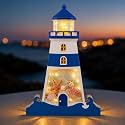 FoldTier Lighthouse Seashell Display Case Wooden Sea Shell Holder with LED and Window Lighthouse Shadow Box Gift for Sea Glass Starfish Shark Tooth Collection Beach Home Decor Birthday Ocean Gift