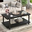 FOLUBAN Black Coffee Table, Modern Rustic Wood Center Table with Storage for Living Room, Industrial Rectangle 2 Tier Cocktail Tea Table, Black Oak