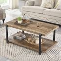 FOLUBAN Industrial Coffee Table with Shelf, Wood and Metal Rustic Cocktail Table for Living Room, Oak
