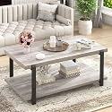 FOLUBAN Rustic Coffee Table, Modern Wood Center Table for Living Room, Industrial 2 Tier Rectangle Low Cocktail Tea Table with Storage Shelf, Light Grey