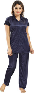 fomti women night suit set dark blue solid