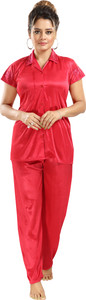 fomti women night suit set red solid